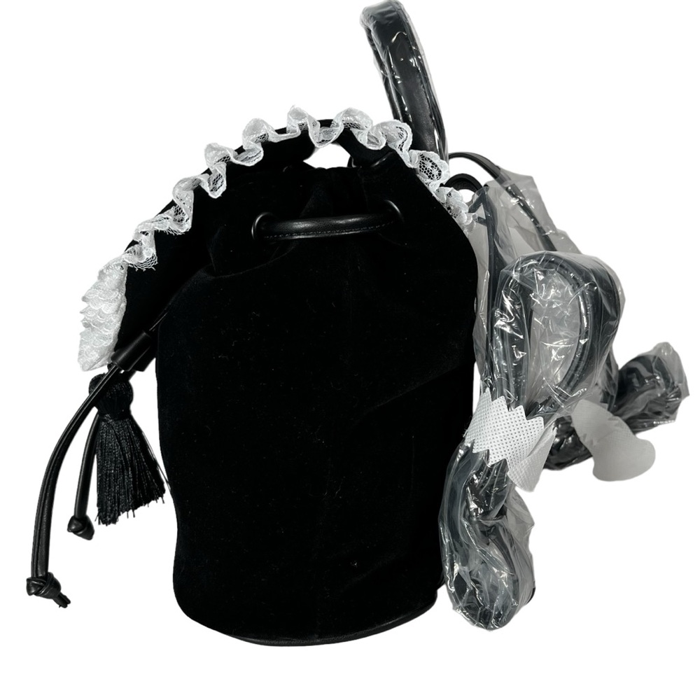 Dolls Kill Black Velvet Backpack White Embroidered Cross Drawstring Flap Bag - Picture 6 of 16